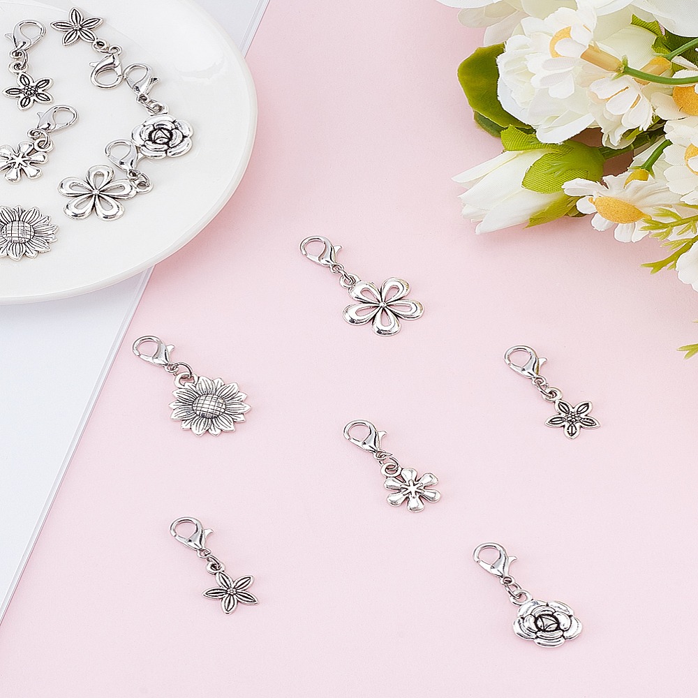 Lobster Clasp Silver - 12 ชิ้น 6 แบบ จี้โลหะผสมพร้อมตัวล็อคแบบก้ามปู ลายดอกไม้