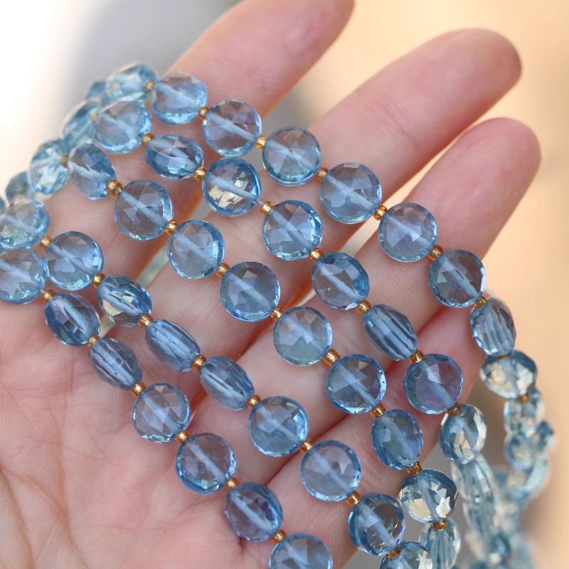 Jewelry Making London - ลูกปัดหลวม 5 ชิ้น โทแพซสีน้ำเงินลอนดอน ทรงเหลี่ยมแบน ทรงกลม
