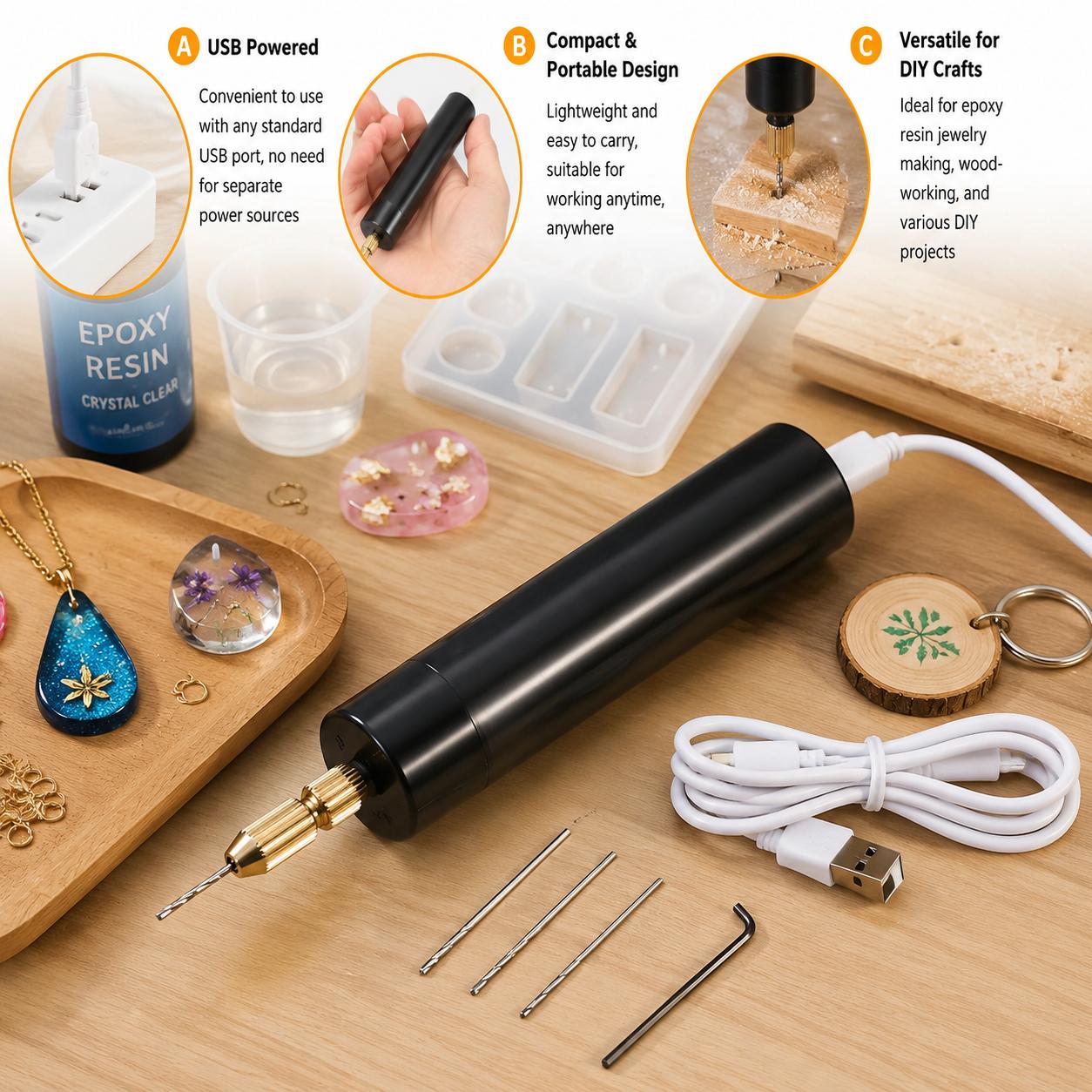 Jewelry Making Dc - สว่านไฟฟ้าขนาดเล็กแบบพกพา ใช้พลังงานจาก USB เครื่องมือโรตารี่ไร้สาย ปากกาแกะสลักสำหรับงานเรซิ่นอีพ็อกซี่ ทำเครื่องประดับ